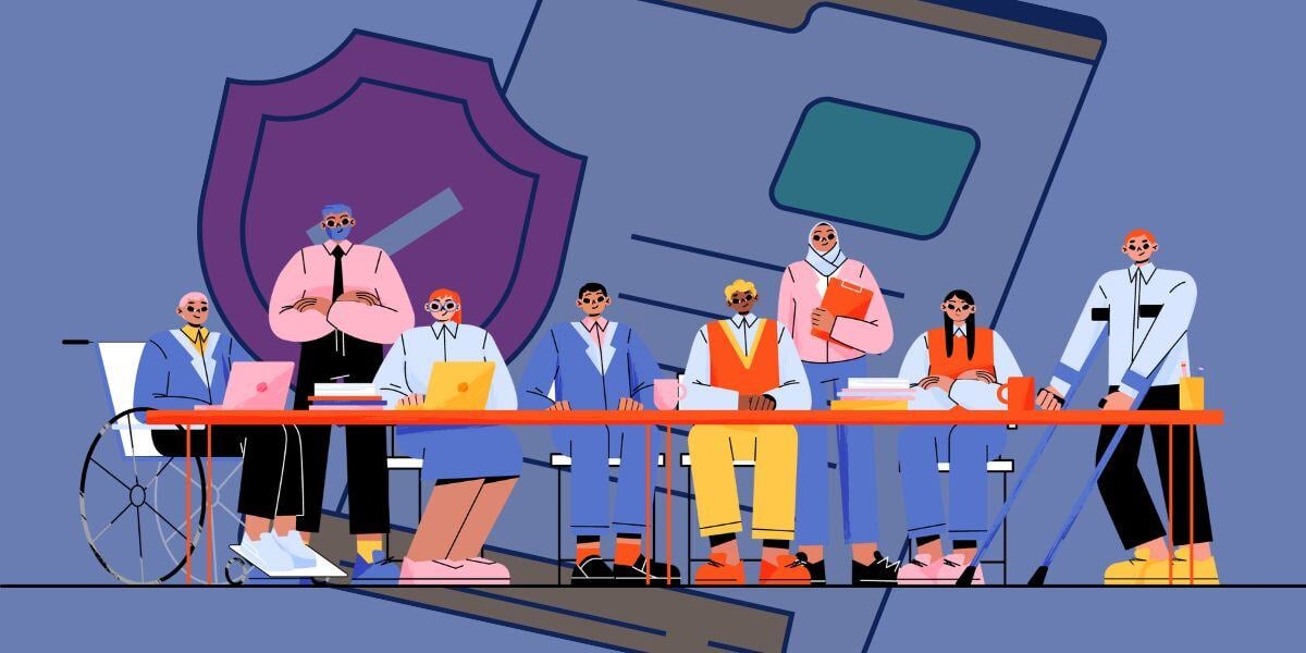 Illustrated graphic: A group of diverse workers sit at a table and look at the viewer. Clip art of the insurance shield and clipboard are faded in the background.