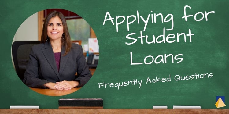 "Applying for Student Loans. Frequently Asked Questions" text overlayed on a graphic of a chalkboard, a headshot of Christina Ubl, CFP® and Co-owner of Clute Wealth Management is on the left half of the chalkboard.