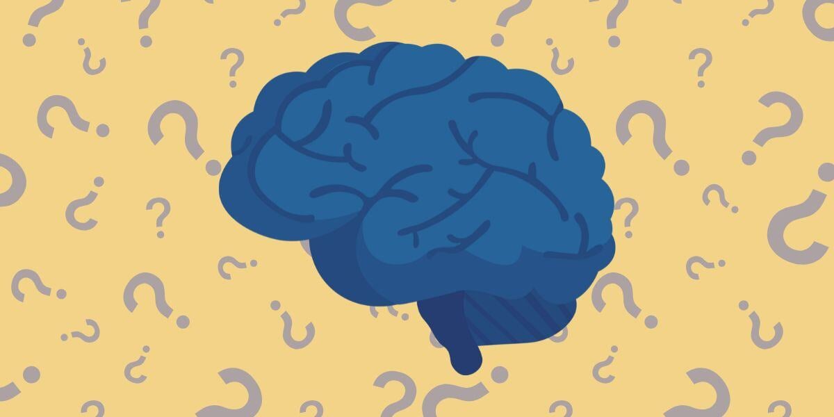 An illustration of the side profile of a brain, tinted blue. It's centered on a yellow background, with faded question marks all around it